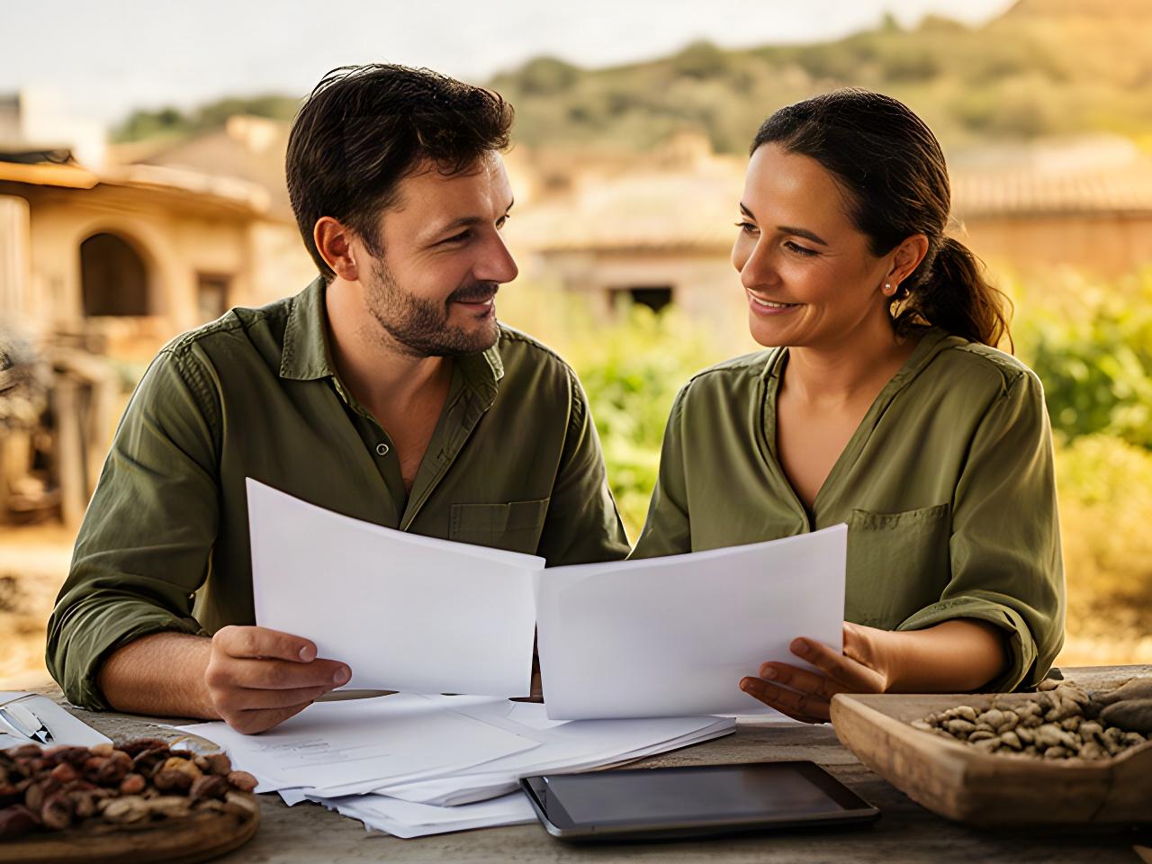 Consulente agricolo e cliente che esaminano documenti in un'azienda rurale sarda